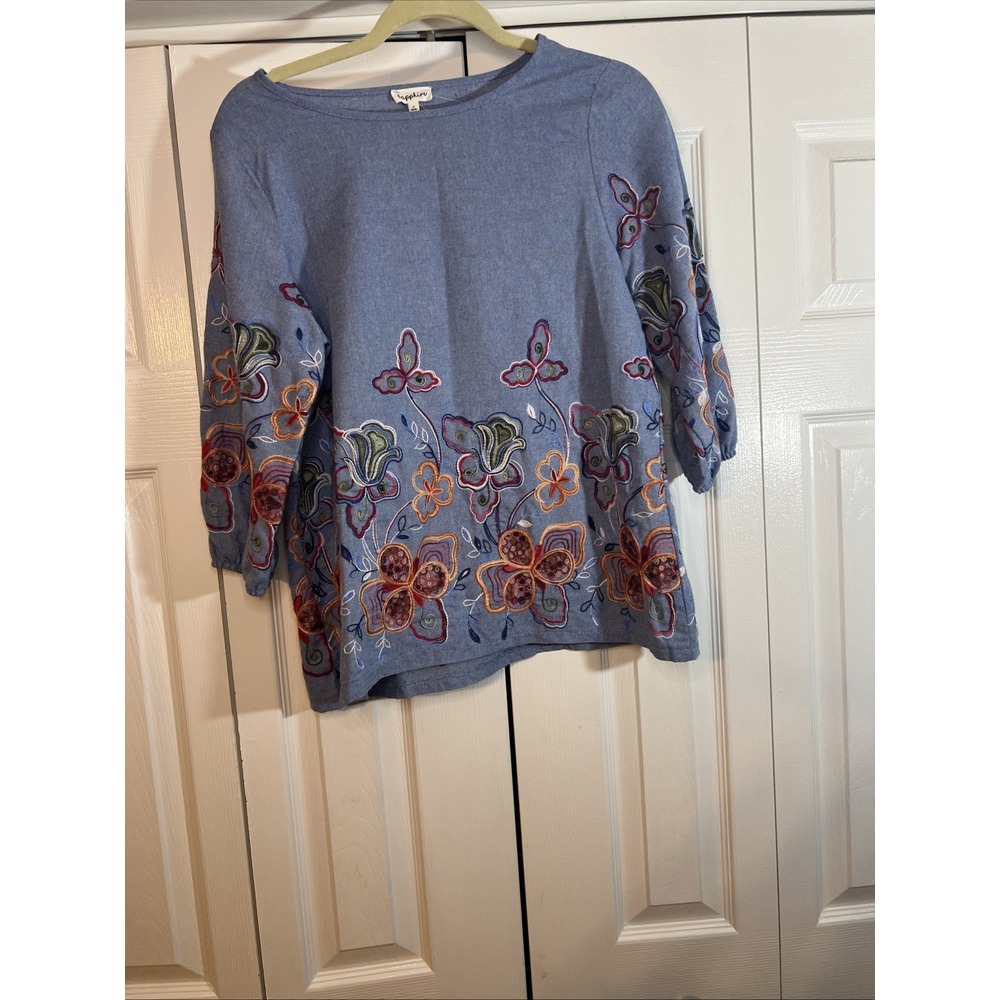 Sapphire Embroidered Women's Size Medium Floral Blouse Blues Red Orange White